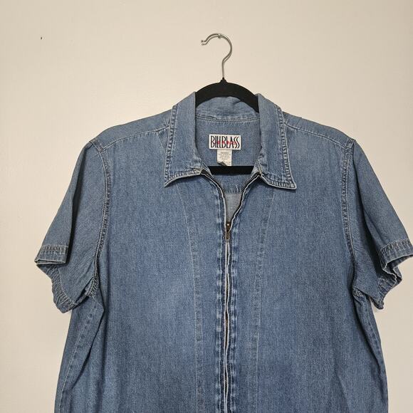 Vtg Bill Blass Denim Shirt Womens L Blue Zip Up 90s Cottagecore Minimalist Boho - Picture 2 of 8